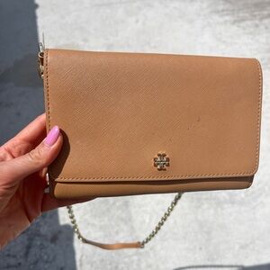 Tory Burch Tan Leather Clutch with Chain Strap